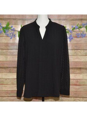Grace Karin Black V-Neck Blouse Chiffon Bodice Sheer Clip Dot Long Sleeves Sz XL